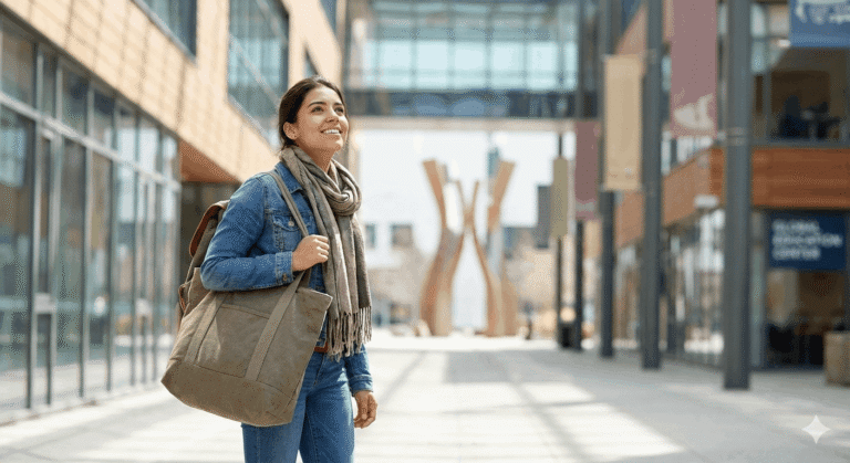 International Young woman with bag