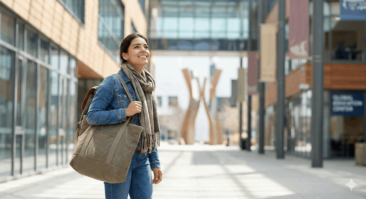 International Young woman with bag