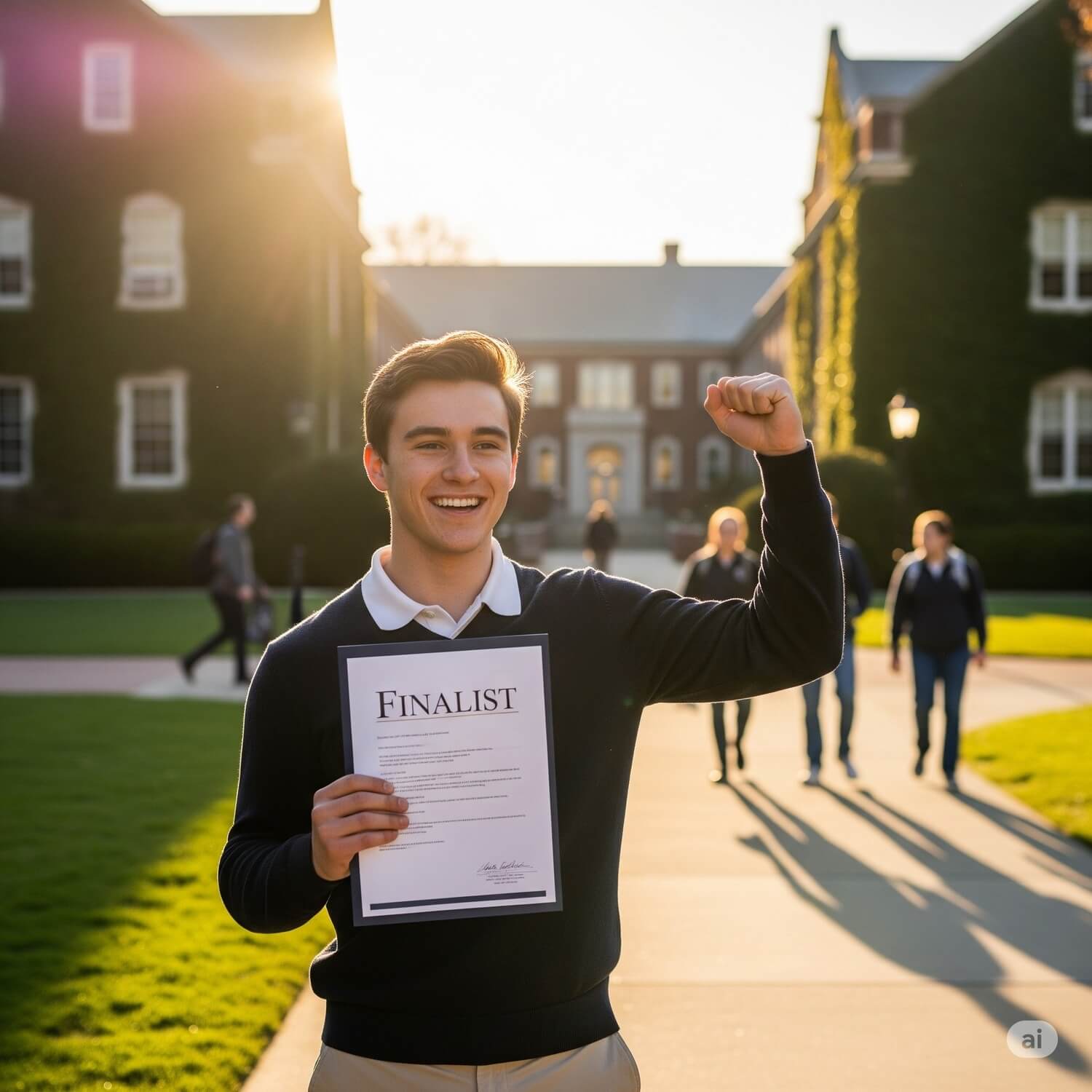 A Triumphant High School Student holding a "Finalist" document