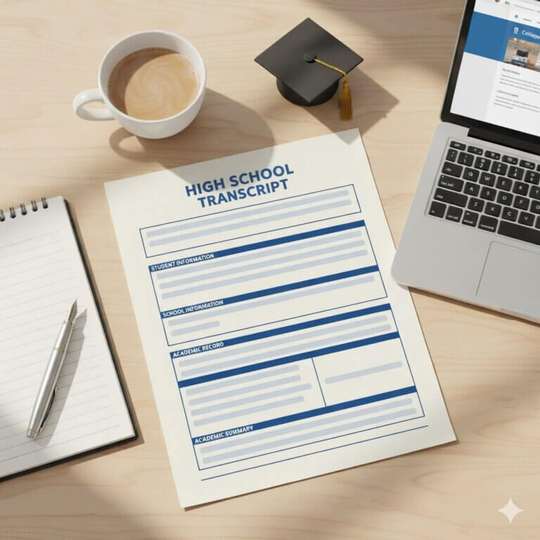 A realistic high school transcript document on a desk