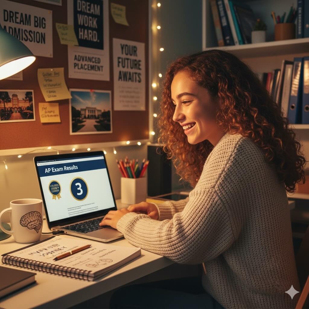 a student smiling while reviewing AP exam results on a laptop