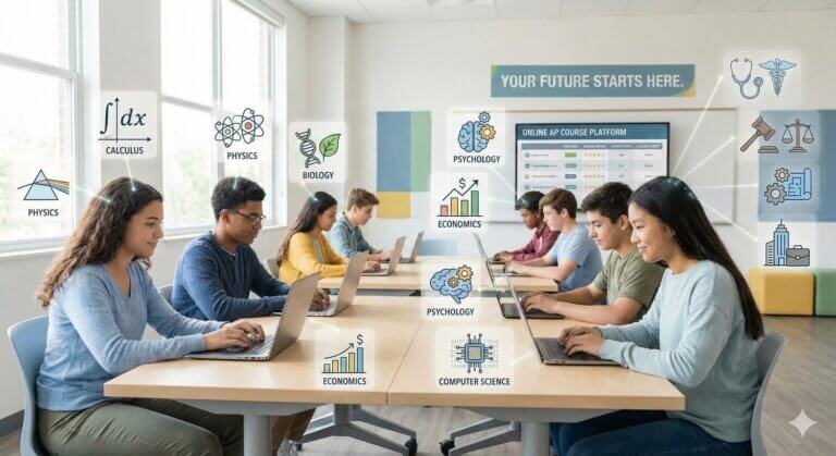 Diverse high school students studying online