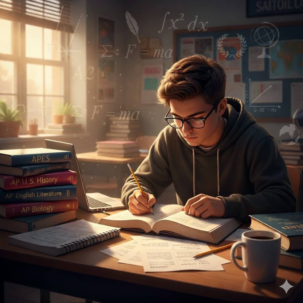 high school student confidently studying at a desk
