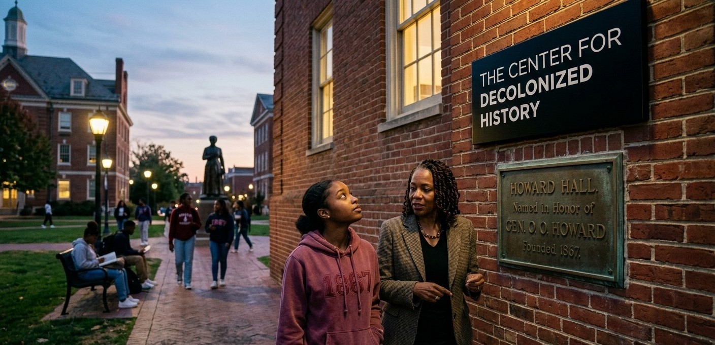 a modern Black female historian and student walking together on a traditional HBCU quad at dusk