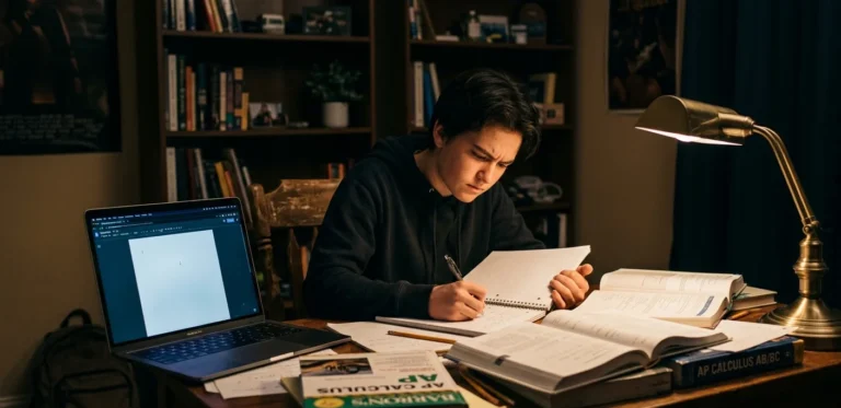 High school student focused on studying AP Calculus textbooks at a wooden desk at night under a warm lamp light.