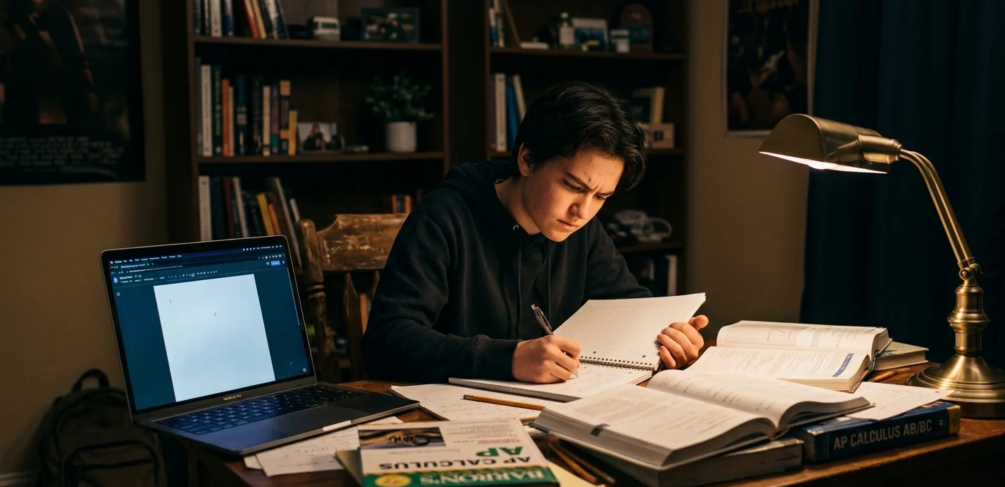 High school student focused on studying AP Calculus textbooks at a wooden desk at night under a warm lamp light.