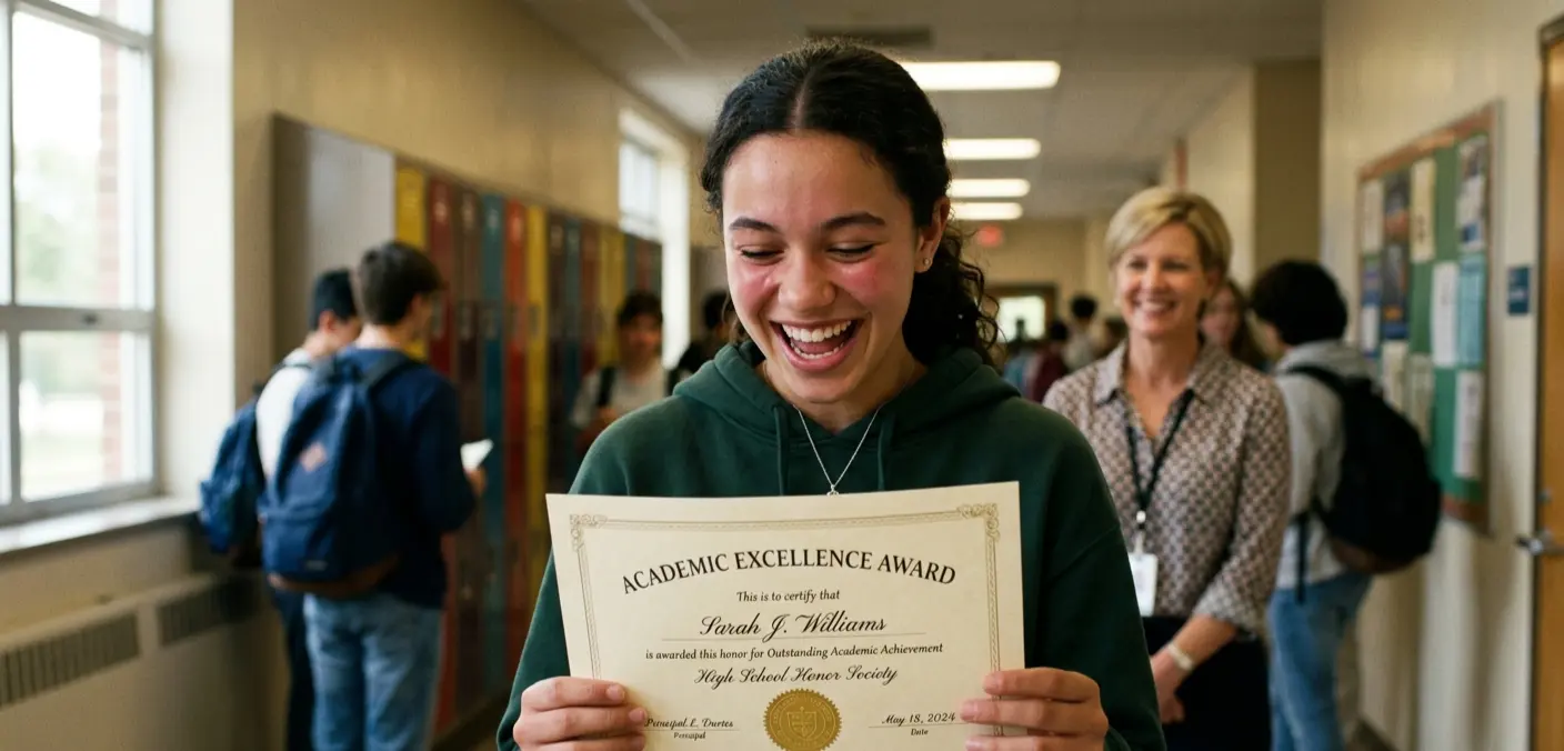 A smiling high school student holding an official academic excellence certificate for a perfect AP exam score in a school hallway.