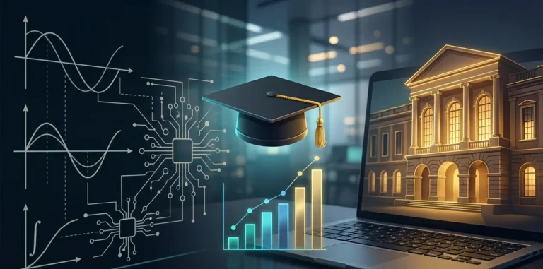 A modern editorial digital graphic combining abstract neon calculus integration curves and AI neural network maps with the clean silhouette of an elite university building.