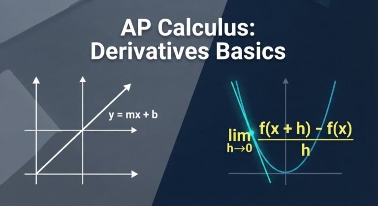 AP Calculus Derivatives Basic Concepts graphic showing the transition from algebraic linear slopes to the limit definition of a derivative.