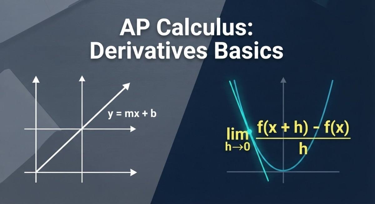 AP Calculus Derivatives Basic Concepts graphic showing the transition from algebraic linear slopes to the limit definition of a derivative.