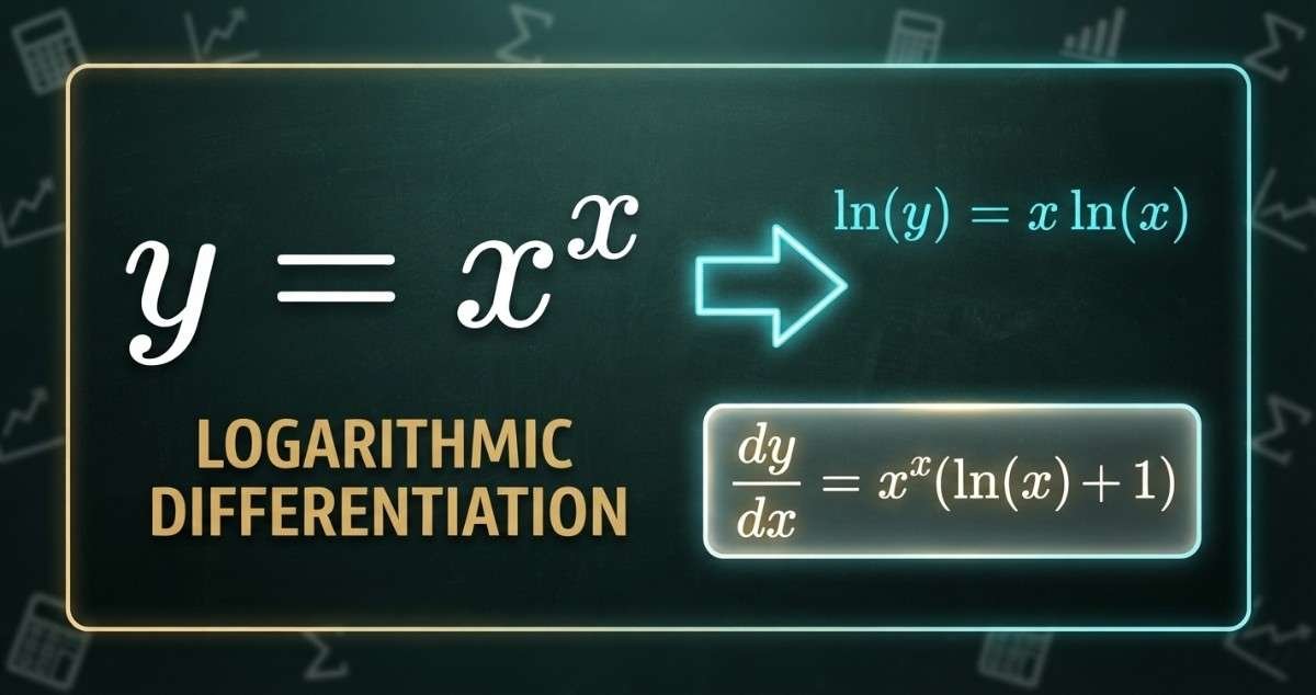 Step-by-step mathematical breakdown illustrating logarithmic differentiation to find the derivative of y = x^x for AP Calculus students.